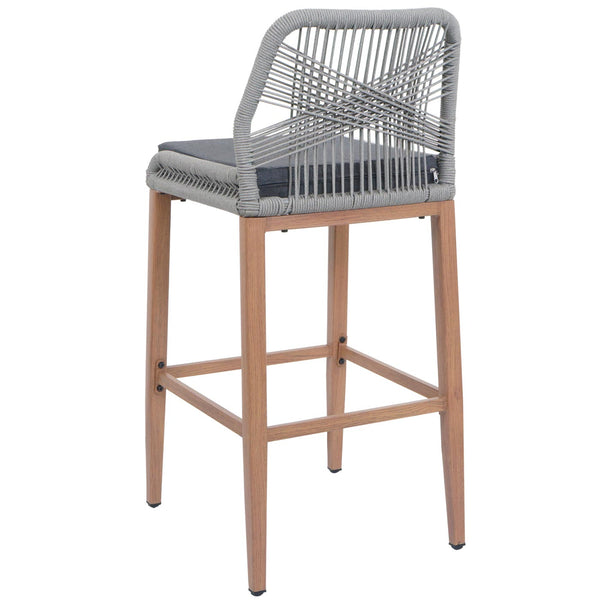 2er-Set Outdoor Barhocker Seilgeflecht Metall Holz-Optik hellgrau