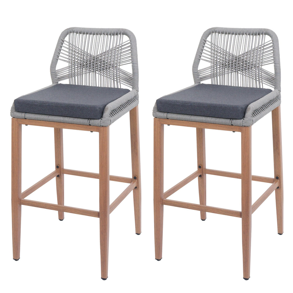 2er-Set Outdoor Barhocker Seilgeflecht Metall Holz-Optik hellgrau