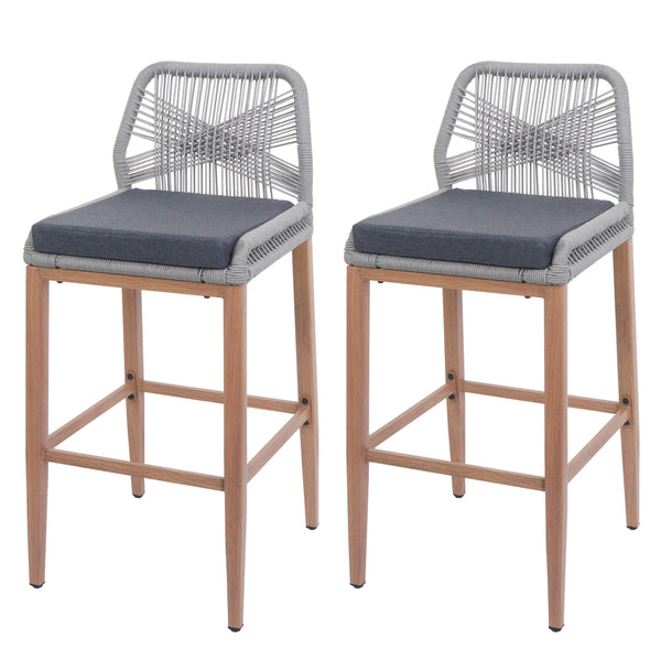 2er-Set Outdoor Barhocker Seilgeflecht Metall Holz-Optik hellgrau