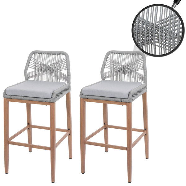 2er-Set Outdoor Barhocker Seilgeflecht Metall Holz-Optik hellgrau