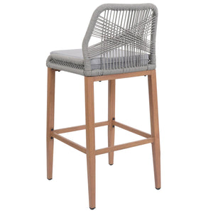2er-Set Outdoor Barhocker Seilgeflecht Metall Holz-Optik hellgrau