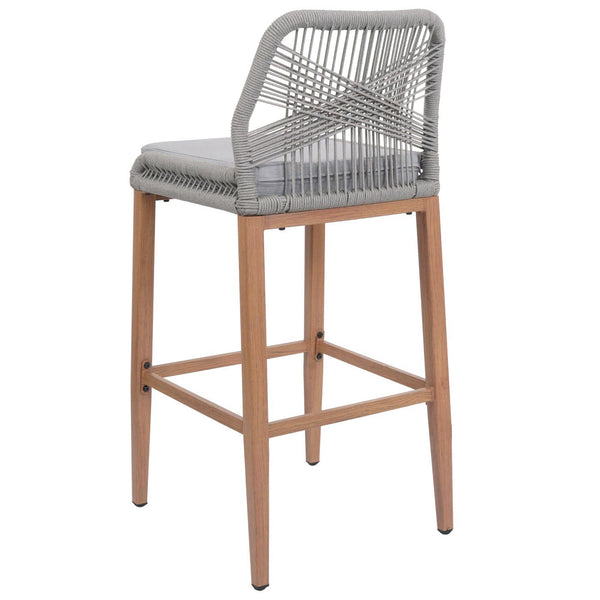 2er-Set Outdoor Barhocker Seilgeflecht Metall Holz-Optik hellgrau