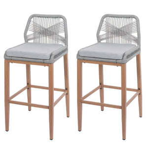 2er-Set Outdoor Barhocker Seilgeflecht Metall Holz-Optik hellgrau