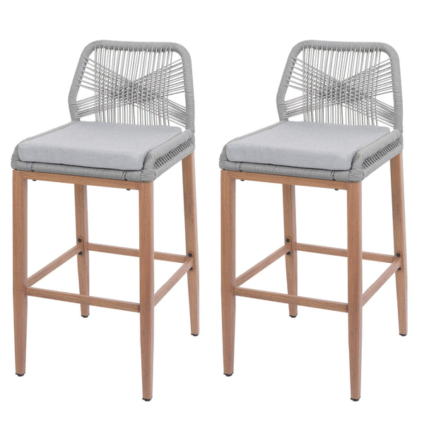 2er-Set Outdoor Barhocker Seilgeflecht Metall Holz-Optik hellgrau