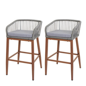 2er-Set Outdoor Barhocker Seilgeflecht Metall Holzoptik hellgrau