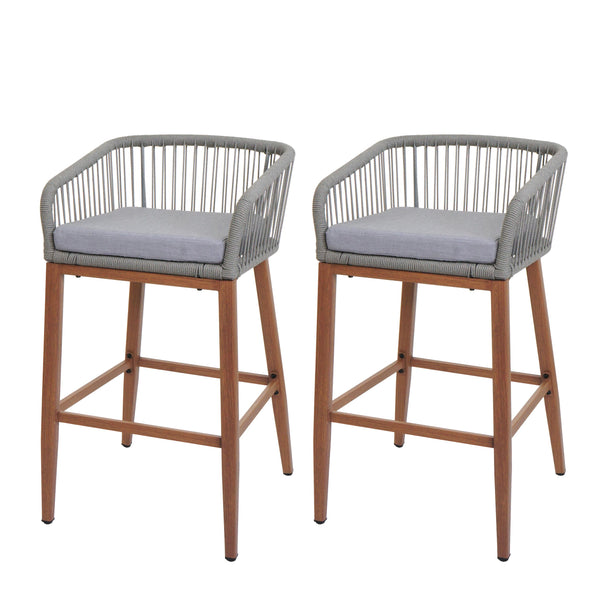 2er-Set Outdoor Barhocker Seilgeflecht Metall Holzoptik hellgrau