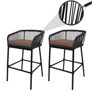 2er-Set Outdoor Barhocker Seilgeflecht Metall Kissen anthrazit taupe