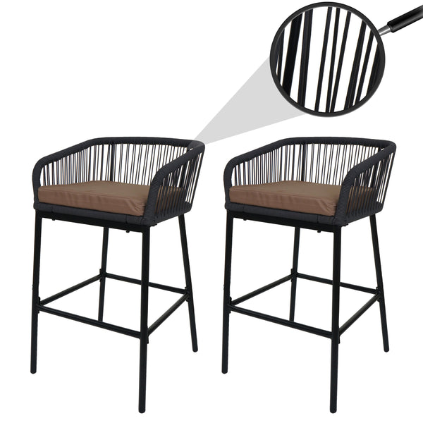 2er-Set Outdoor Barhocker Seilgeflecht Metall Kissen anthrazit taupe