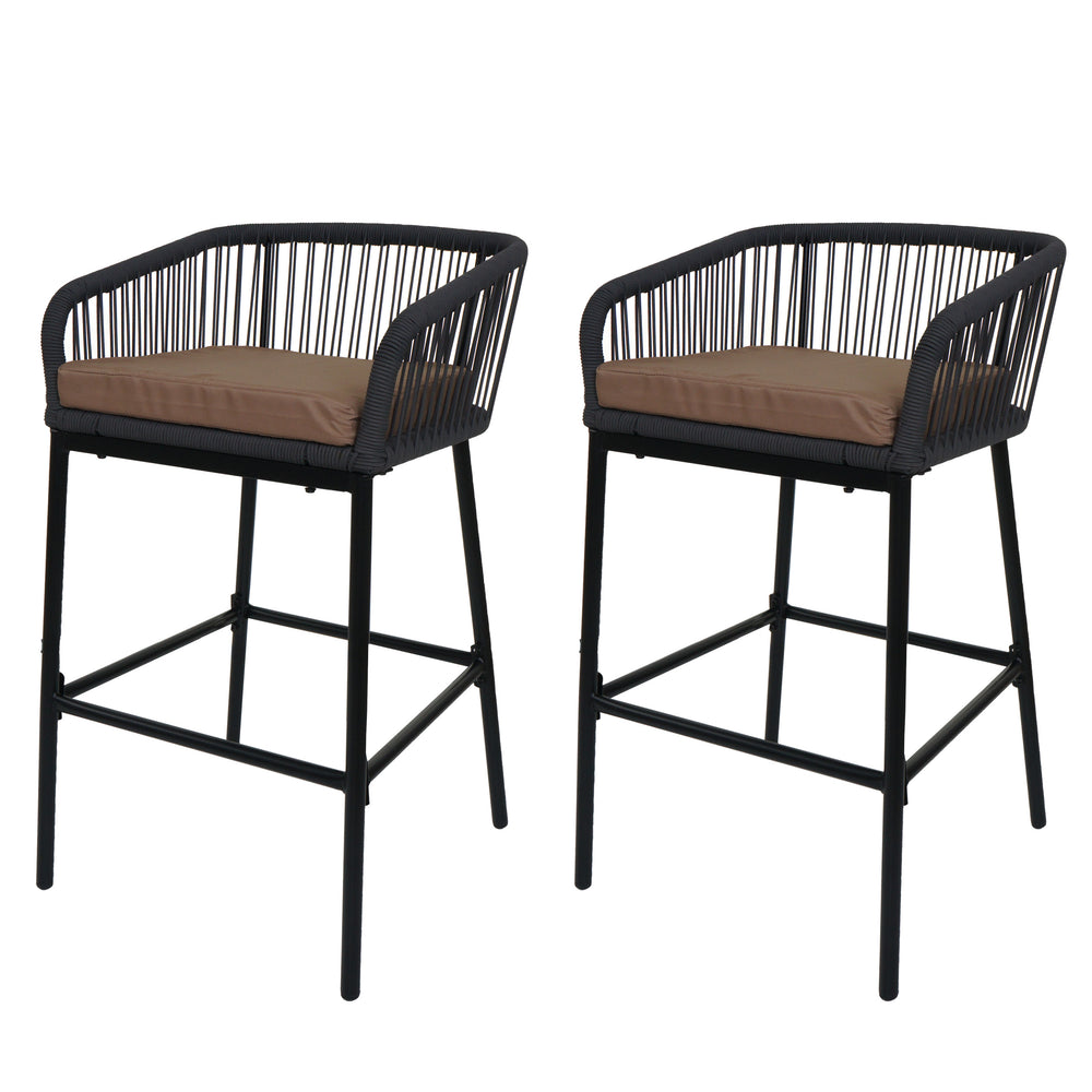 2er-Set Outdoor Barhocker Seilgeflecht Metall Kissen anthrazit taupe