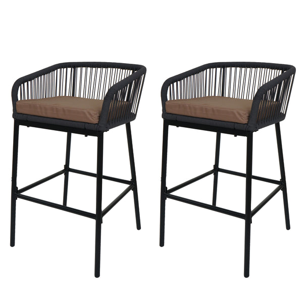 2er-Set Outdoor Barhocker Seilgeflecht Metall Kissen anthrazit taupe