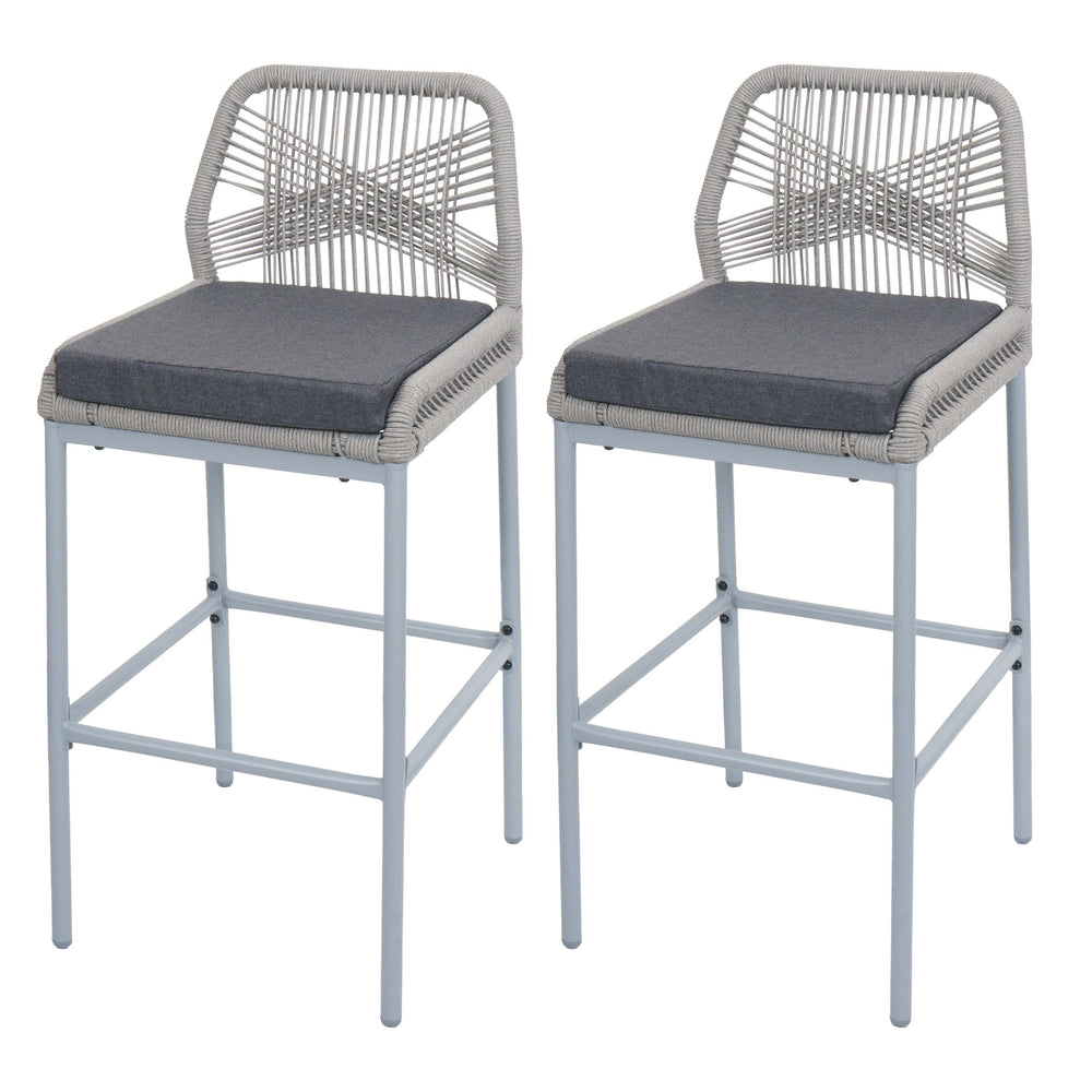 2er-Set Outdoor Barhocker Seilgeflecht Metall Kissen hellgrau dunkelgrau