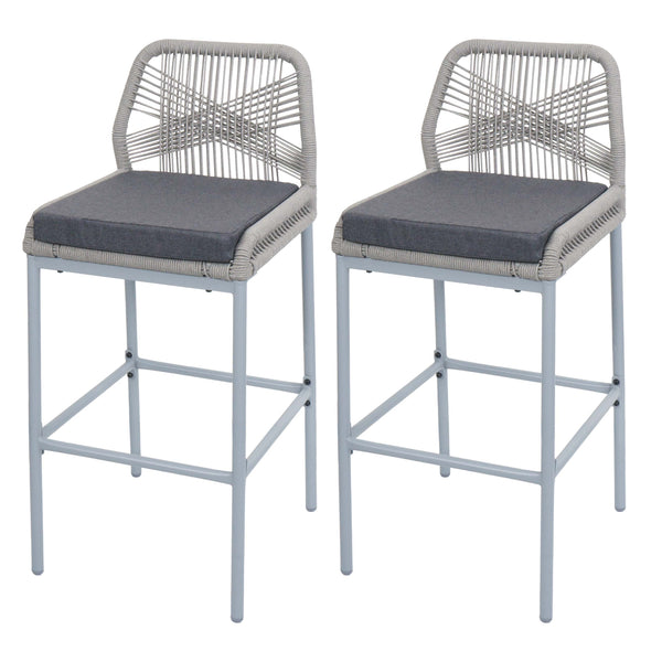 2er-Set Outdoor Barhocker Seilgeflecht Metall Kissen hellgrau dunkelgrau