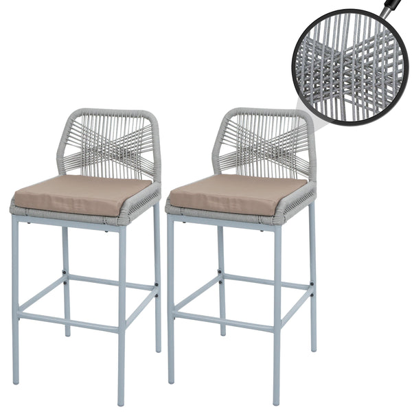 2er-Set Outdoor Barhocker Seilgeflecht Metall hellgrau taupe