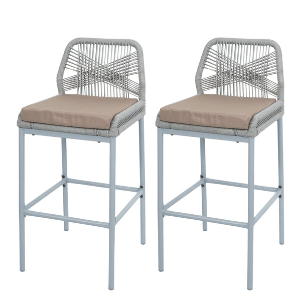 2er-Set Outdoor Barhocker Seilgeflecht Metall hellgrau taupe