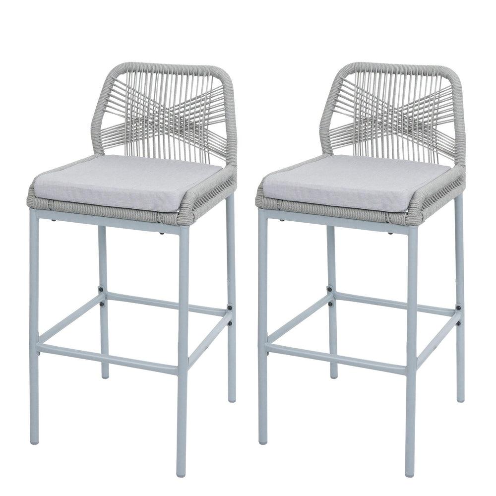 2er-Set Outdoor Barhocker mit Seilgeflecht Metall hellgrau