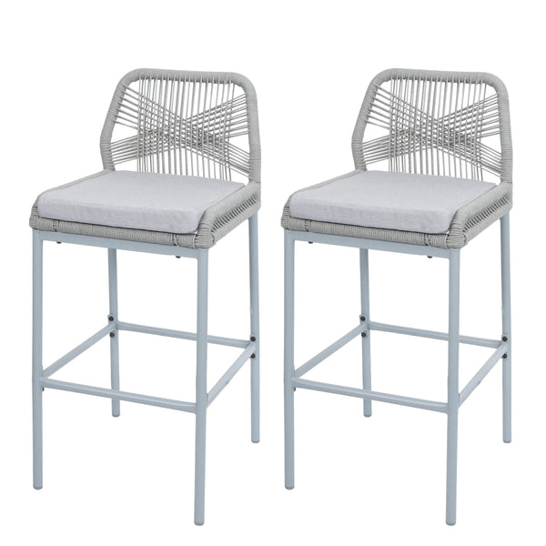 2er-Set Outdoor Barhocker mit Seilgeflecht Metall hellgrau