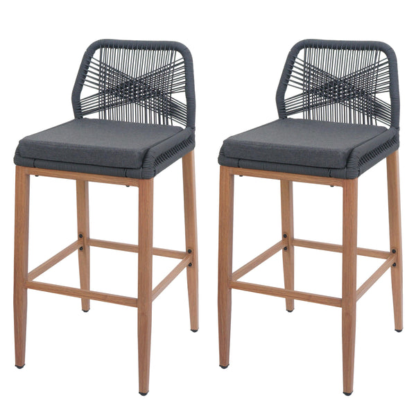 2er-Set Outdoor Barhocker Seilgeflecht Holzoptik anthrazit
