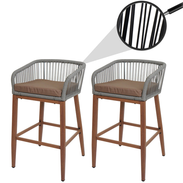 2er-Set Outdoor Rope-Barhocker Metall Holzoptik hellgrau taupe