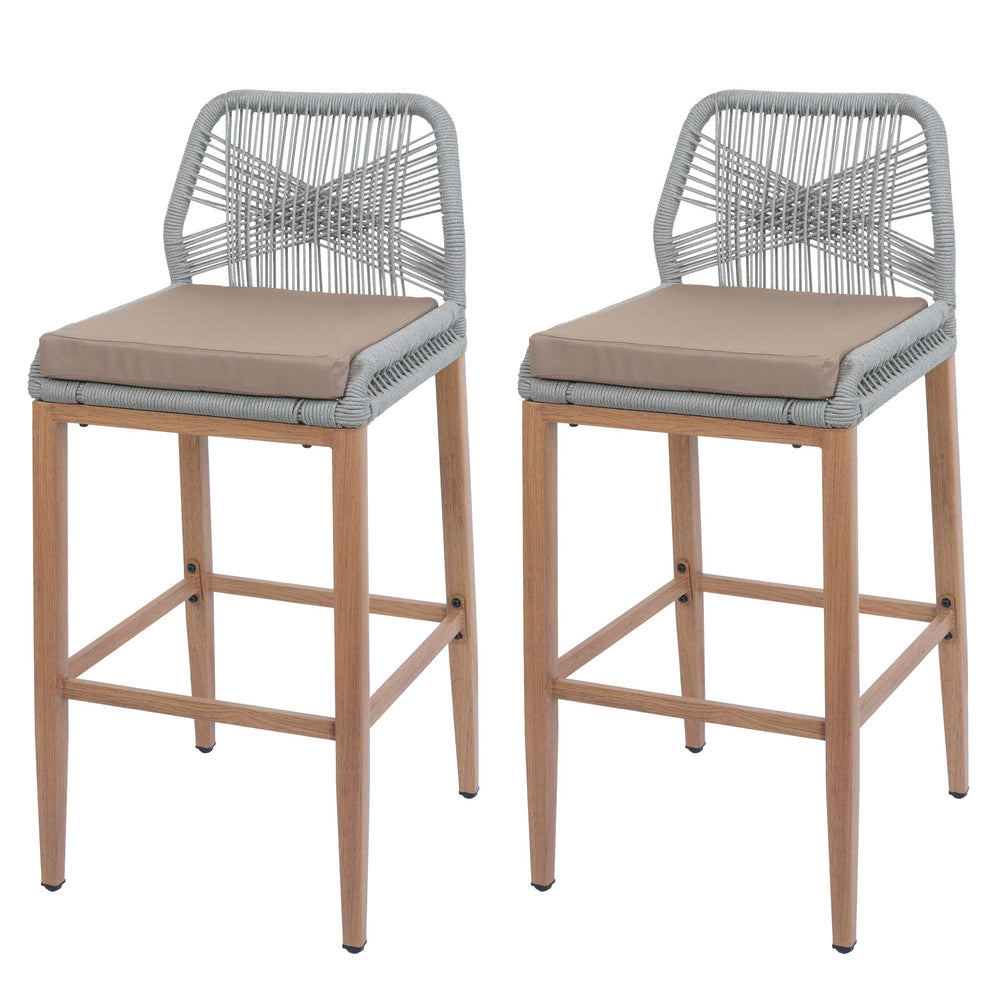 2er-Set Outdoor Rope-Barhocker Metall Holz-Optik hellgrau taupe