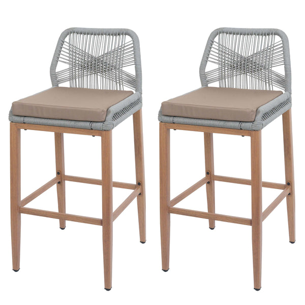 2er-Set Outdoor Rope-Barhocker Metall Holz-Optik hellgrau taupe