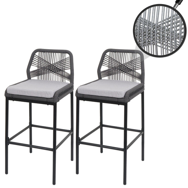 2er-Set Rope-Barhocker Outdoor Seilgeflecht Kissen hellgrau