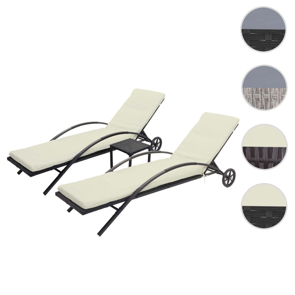 2er-Set Sonnenliegen Poly-Rattan mit creme-beigen Kissen schwarz