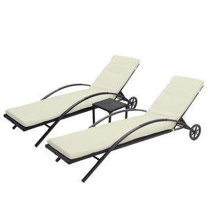 2er-Set Sonnenliegen Poly-Rattan mit creme-beigen Kissen schwarz