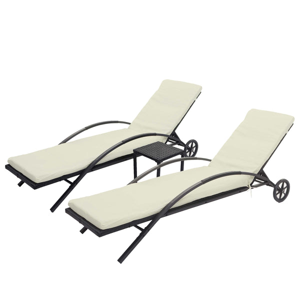 2er-Set Sonnenliegen Poly-Rattan mit creme-beigen Kissen schwarz