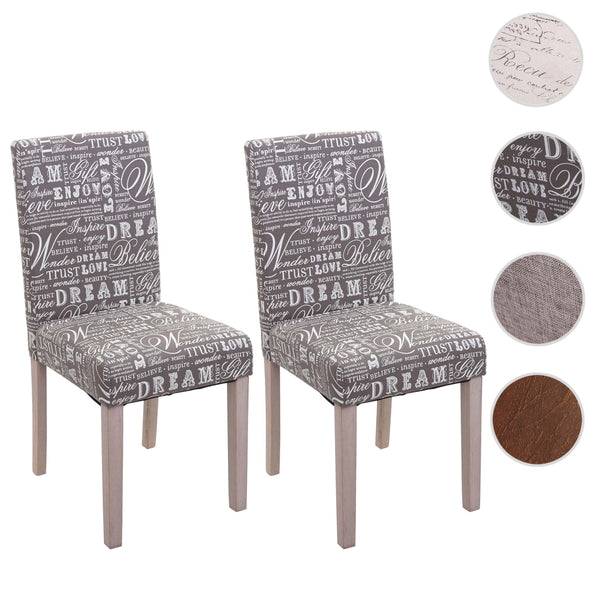 2er-Set Esszimmerstühle Textil Schriftzug Eichenholz-Beine grau