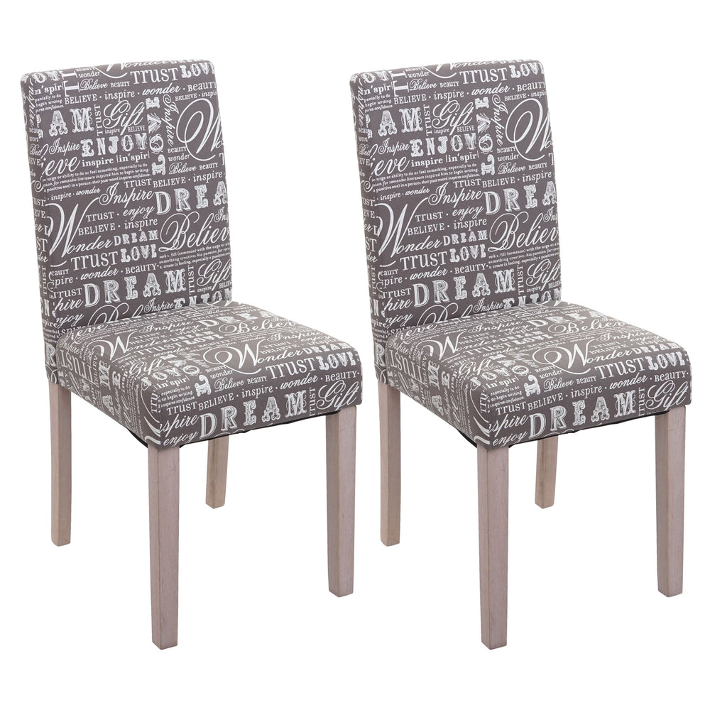 2er-Set Esszimmerstühle Textil Schriftzug Eichenholz-Beine grau