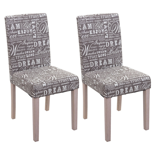 2er-Set Esszimmerstühle Textil Schriftzug Eichenholz-Beine grau