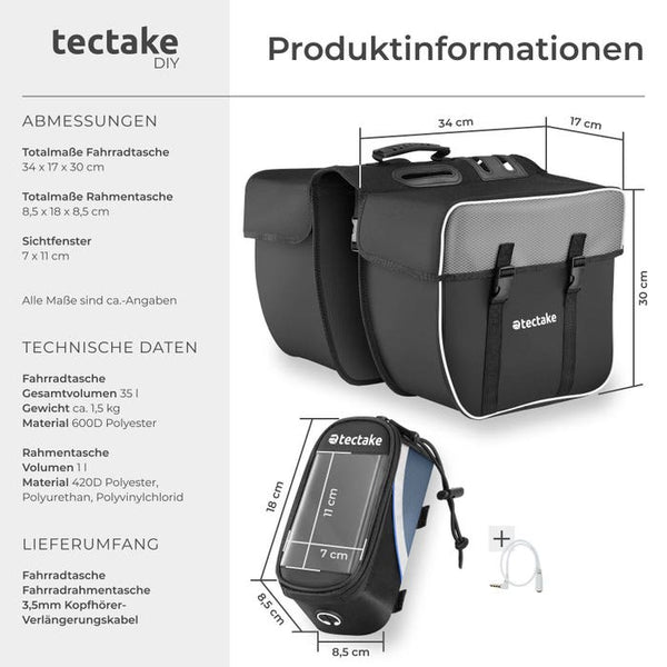 Set Fahrradtasche Georg und Fahrradrahmentasche schwarz/blau 18 x 8,5 x 8,5 cm