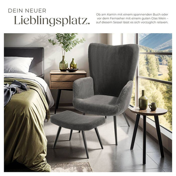 Sessel Hygge gepolstert, ergonomisch, Belastbarkeit 150 kg Breitcord anthrazit/schwarz mit Hocker