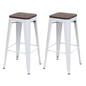 2x Barhocker Metall mit Holz-Sitzflächen Industriedesign ~ weiss