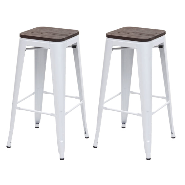 2x Barhocker Metall mit Holz-Sitzflächen Industriedesign ~ weiss