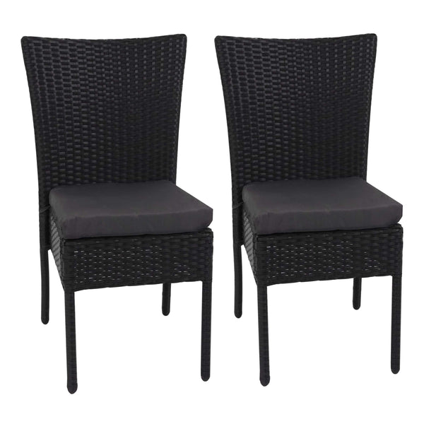 2x Poly-Rattan Sessel, Gartenstuhl, stapelbar ~ schwarz, Kissen dunkelgrau
