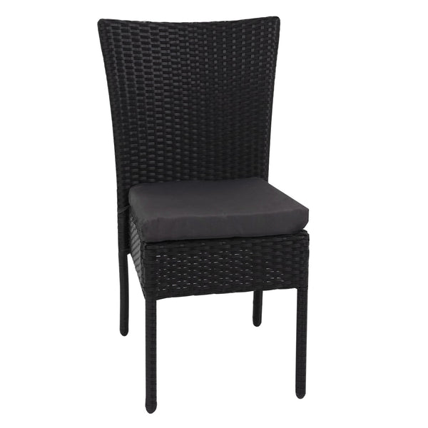 2x Poly-Rattan Sessel, Gartenstuhl, stapelbar ~ schwarz, Kissen dunkelgrau