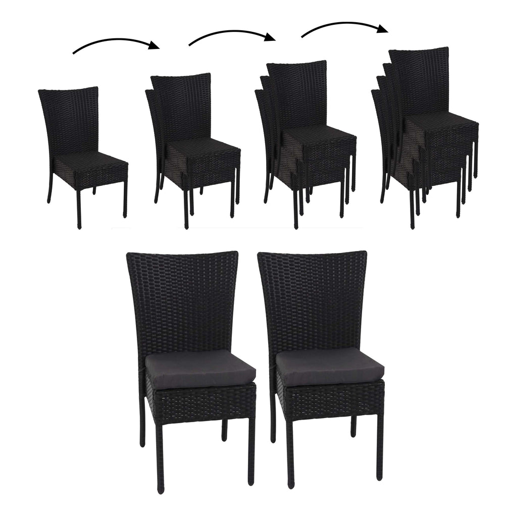 2x Poly-Rattan Sessel, Gartenstuhl, stapelbar ~ schwarz, Kissen dunkelgrau