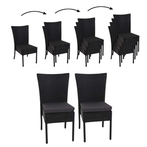2x Poly-Rattan Sessel, Gartenstuhl, stapelbar ~ schwarz, Kissen dunkelgrau