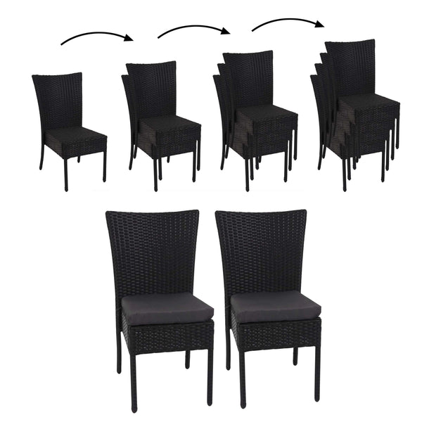 2x Poly-Rattan Sessel, Gartenstuhl, stapelbar ~ schwarz, Kissen dunkelgrau