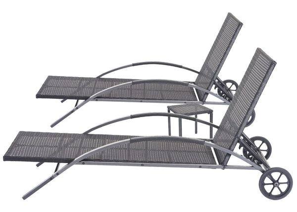 2x Liegestuhl Sonnenliege mit Tisch schwarz Kissen dunkelgrau