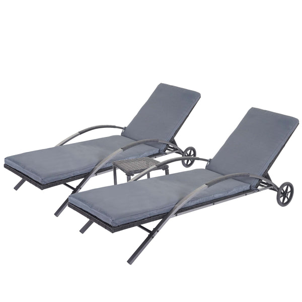 2x Liegestuhl Sonnenliege mit Tisch schwarz Kissen dunkelgrau