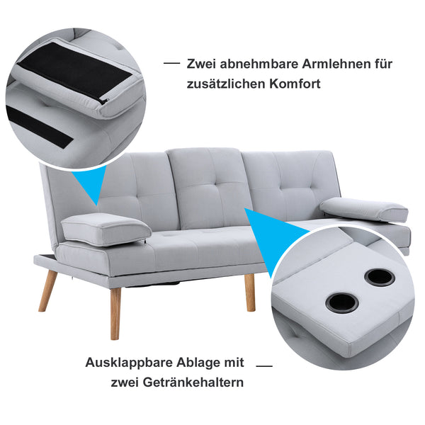 3-Sitzer Sofa Schlafcouch Gästebett 181x77x72cm Hellgrau