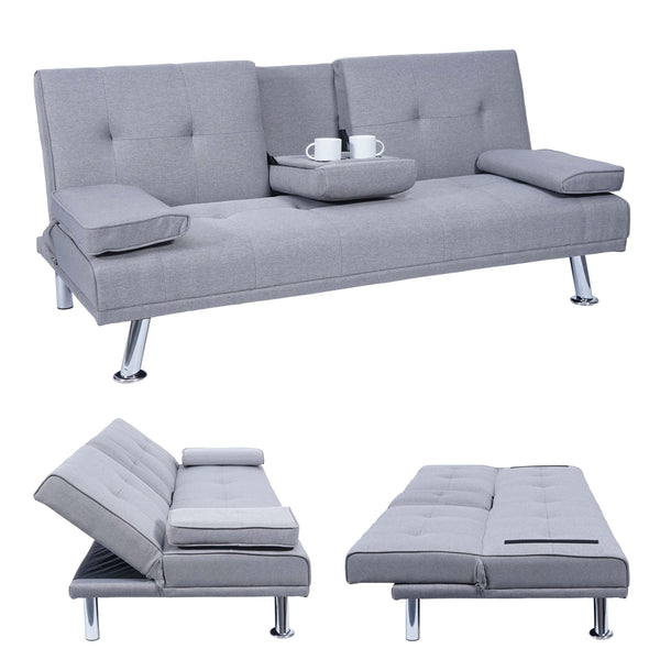 3-Sitzer Schlafsofa Gästebett mit Tassenhalter Textil hellgrau