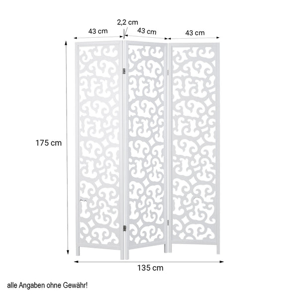 3-panel wooden room divider, white