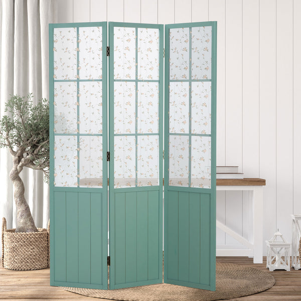 Paravent en bois à 3 panneaux de style champêtre, turquoise