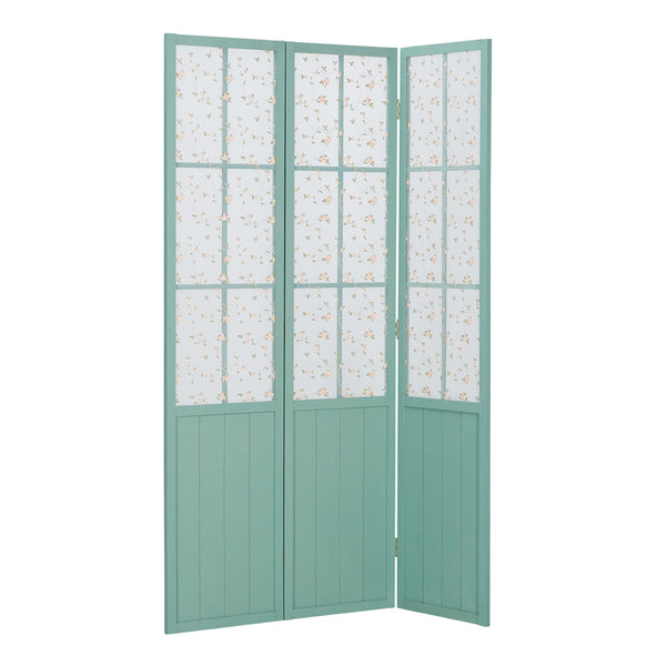 Paravent en bois à 3 panneaux de style champêtre, turquoise