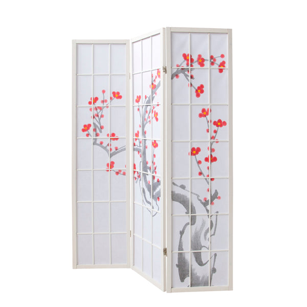 3-panel wooden room divider with cherry blossom design, white