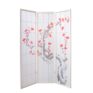 3-panel wooden room divider with cherry blossom design, white