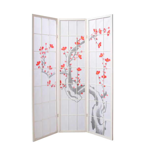 3-panel wooden room divider with cherry blossom design, white
